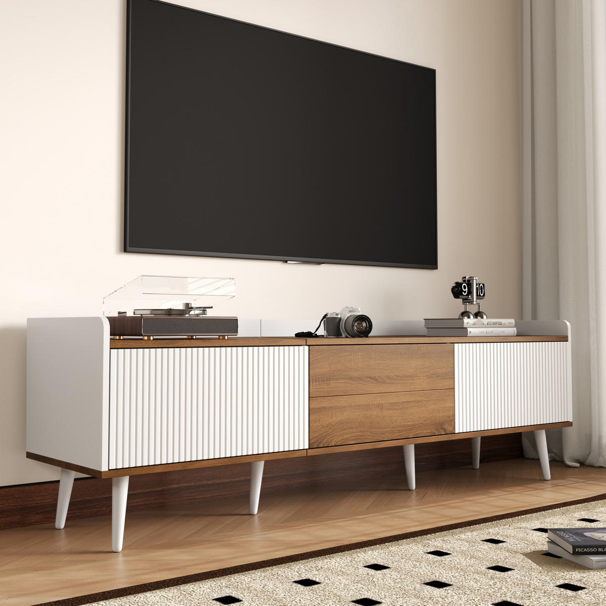 TV-SCHRANK 160/39/49,5 cm Weiß und Natur MDF mit 3 Türen und stabilem Holzfuß - Weiß, Holzwerkstoff (160/49.5/39cm) - OKWISH