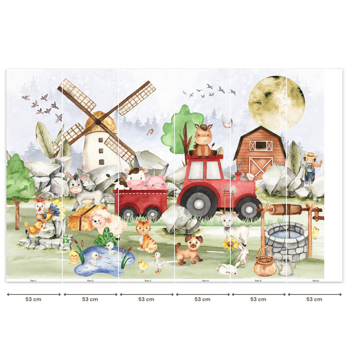 KINDERTAPETE - Bauernhof - Traktor - Kinder - Tiere - 350x220 cm - Weiß, Papier (350/220cm) - OnlyWow