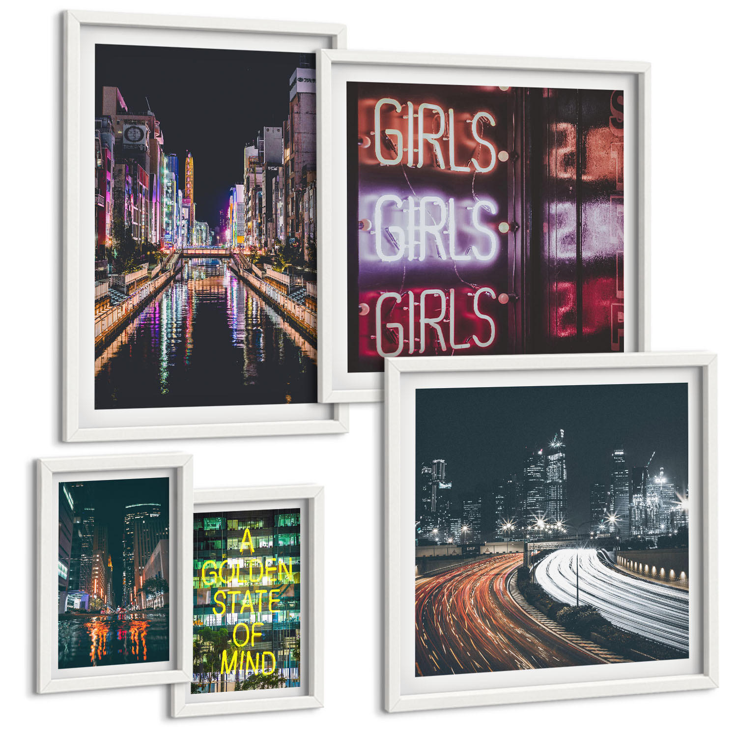 BILDER SET 5er Set - 50x50 cm & 20x30 cm & 40x60 cm Weißer Rahmen - Neonreklamen in der Stadt bei Nacht - Weiß, Kunststoff (40/60cm) - TULUP
