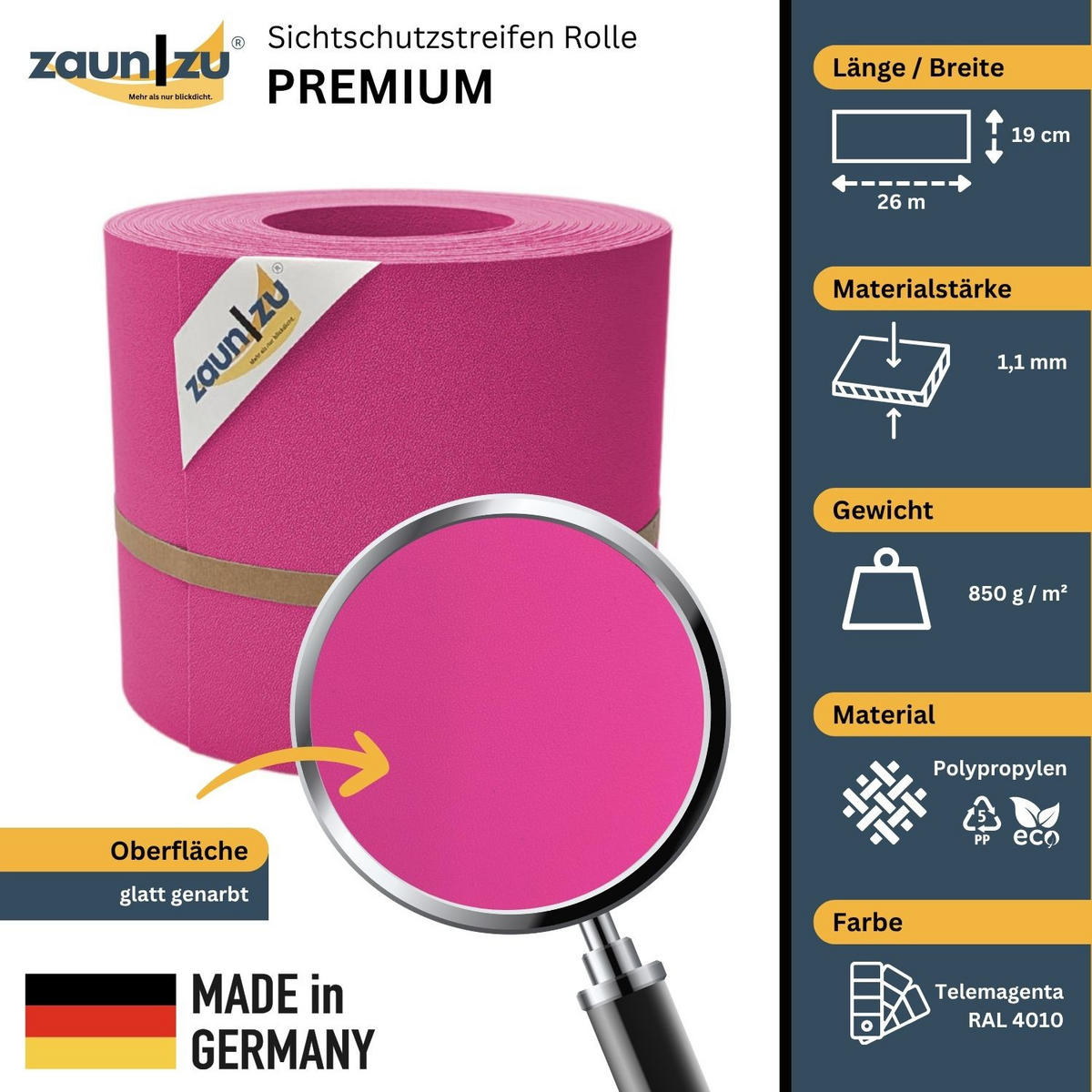 SICHTSCHUTZSTREIFEN Premium für Doppelstabmatten Zaunblende Pink, 26m - Pink, Kunststoff (2600/19cm) - ZAUN|ZU