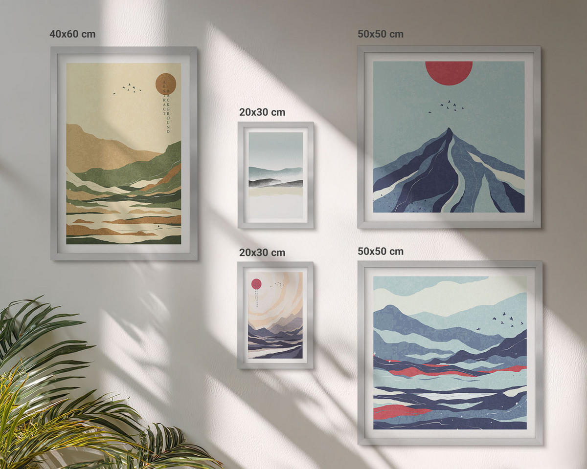 WANDBILDER 5er Set - 50x50 cm & 20x30 cm & 40x60 cm Silberner Rahmen - Berge minimalistische Pastellfarben - Silberfarben, Kunststoff (40/60cm) - ArtPrintCave