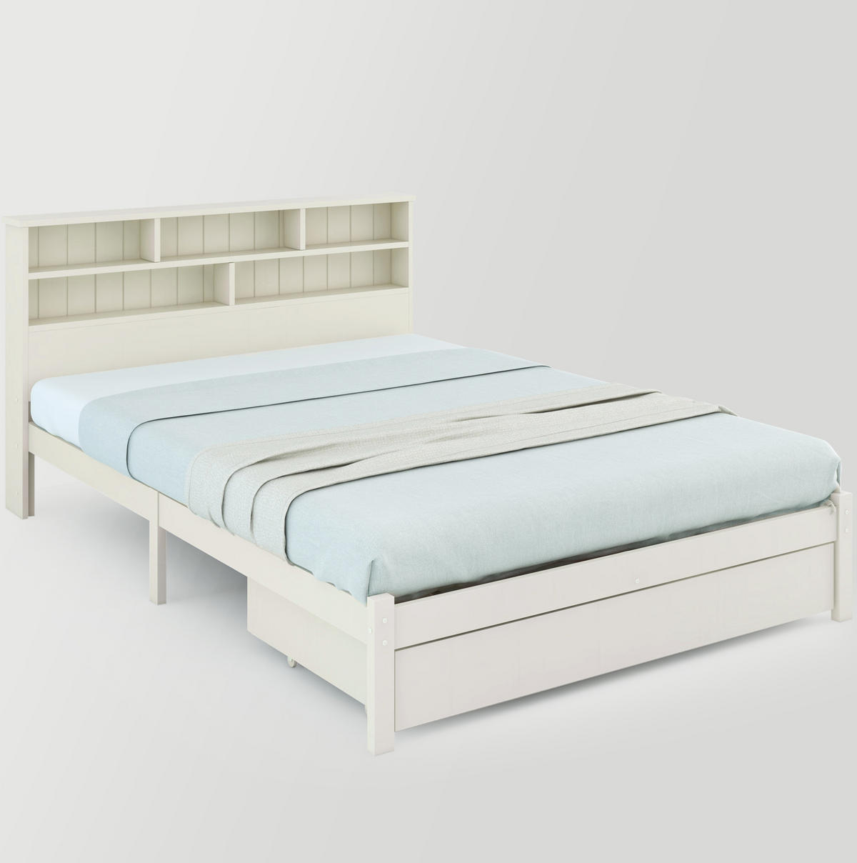 HOLZBETT 140/200 cm in Weiß mit Kopfteil im Bücherregal-Stil und Schubladen - Weiß, Holz (140/200cm) - BEAOK