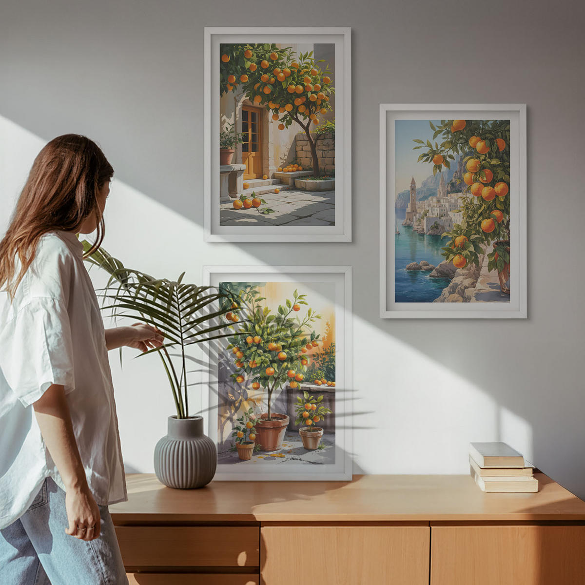 WANDBILDER 3er-Set - 40x60 cm Weißer Rahmen - Gemalte Zitruslandschaften - Weiß, Kunststoff (40/60cm) - ArtPrintCave