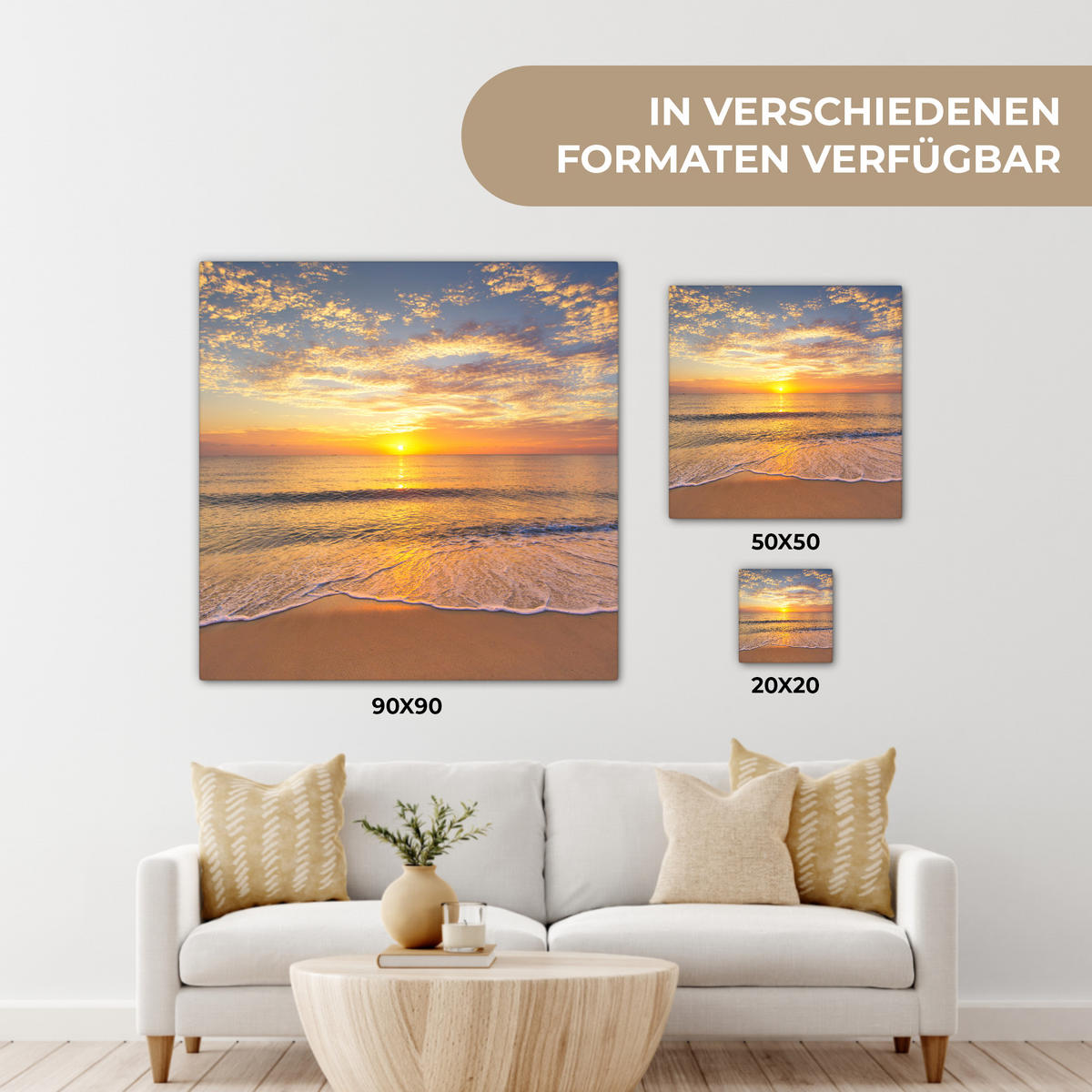 LEINWANDBILD Strand - Sonnenuntergang - Meer 20x20 cm - Gelb, Textil (20/20cm) - MuchoWow