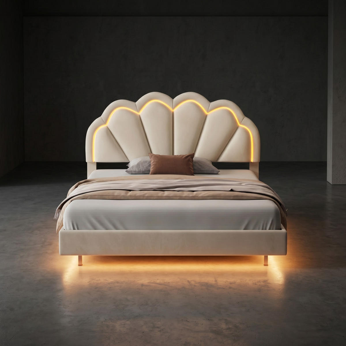 POLSTERBETT 140/200 cm beige mit Muschelkopfteil und LED - Beige, Holz