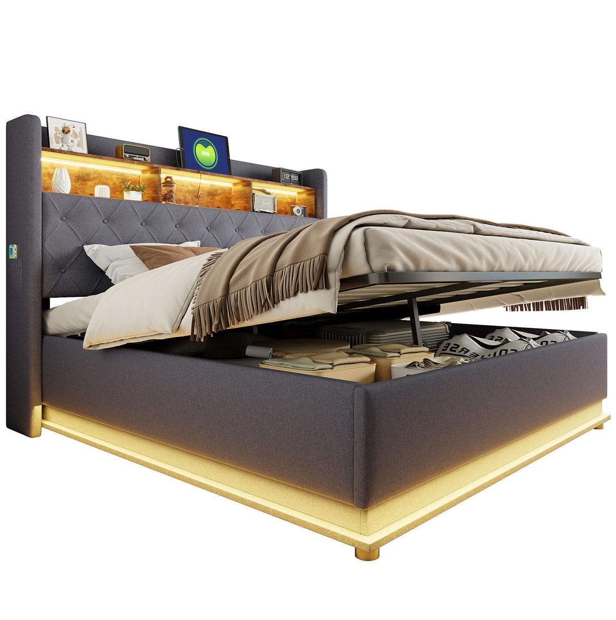 POLSTERBETT aus Stoff 180x200 cm Grau mit LED-Beleuchtung, USB-Anschluss und hydraulischem Stauraum - Grau, Textil (180/200cm) - IVMEU