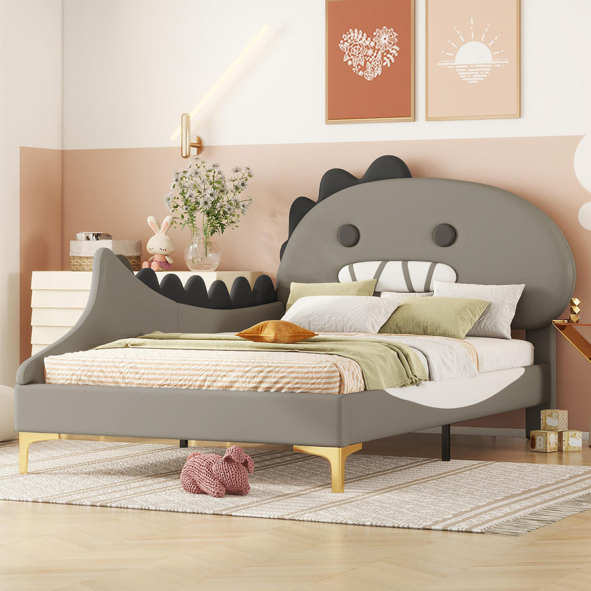 KINDERBETT in Dinosaurierform 90x200 cm PU Grau - Grau, Holzwerkstoff (90/200cm) - Beauniv
