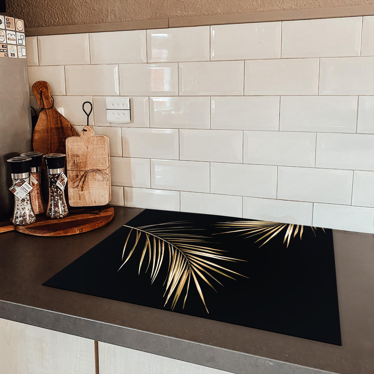 HERDABDECKPLATTE Blätter - Pflanzen - Gold - Schwarz - Luxus Herdabdeckung Induktionsfeld 65x52 cm - Goldfarben, Kunststoff (65/52/0.2cm) - MuchoWow