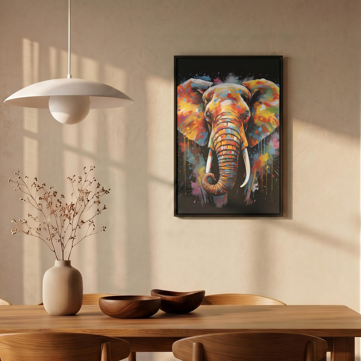 LEINWAND Bilder mit Rahmen - Elefant - Graffiti - Schwarz - Tiere - Farben - 40x60 - Schwarz, Textil (40/60cm) - MuchoWow