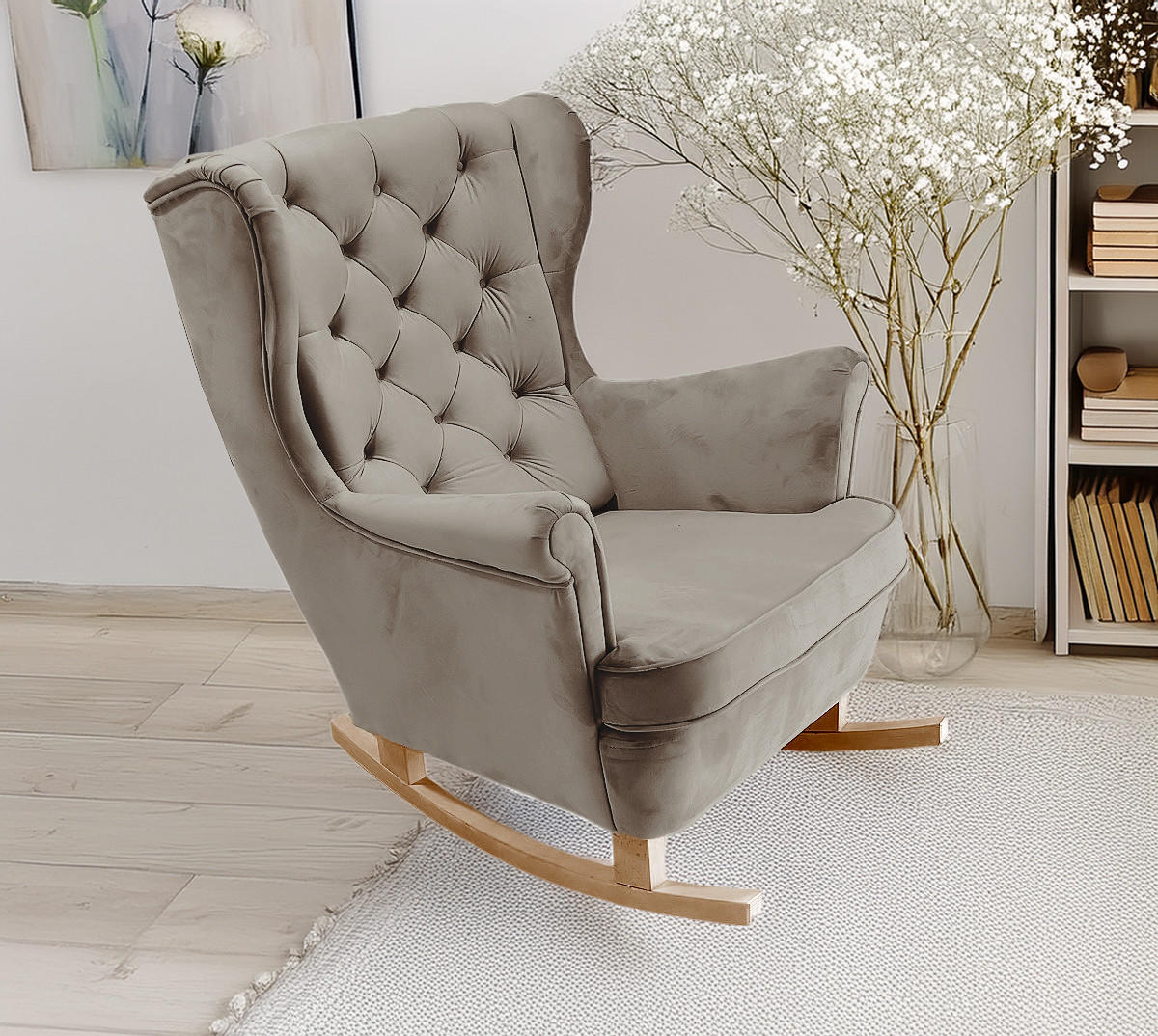 SCHAUKELSESSEL mit gepolstertem Sitz und Armlehnen, 102x81x95 cm, Grau_29843 - Buchefarben/Grau, Holz/Textil (81/102/95cm) - DomoHome
