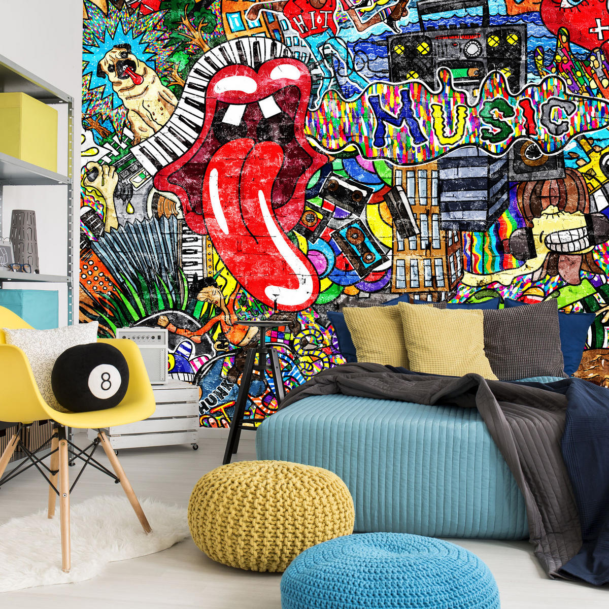 FOTOTAPETE für Jugendzimmer GRAFFITI Musik Abstrakt Farben 250x175 - Blau/Gelb, Papier (250/175cm) - Muralo