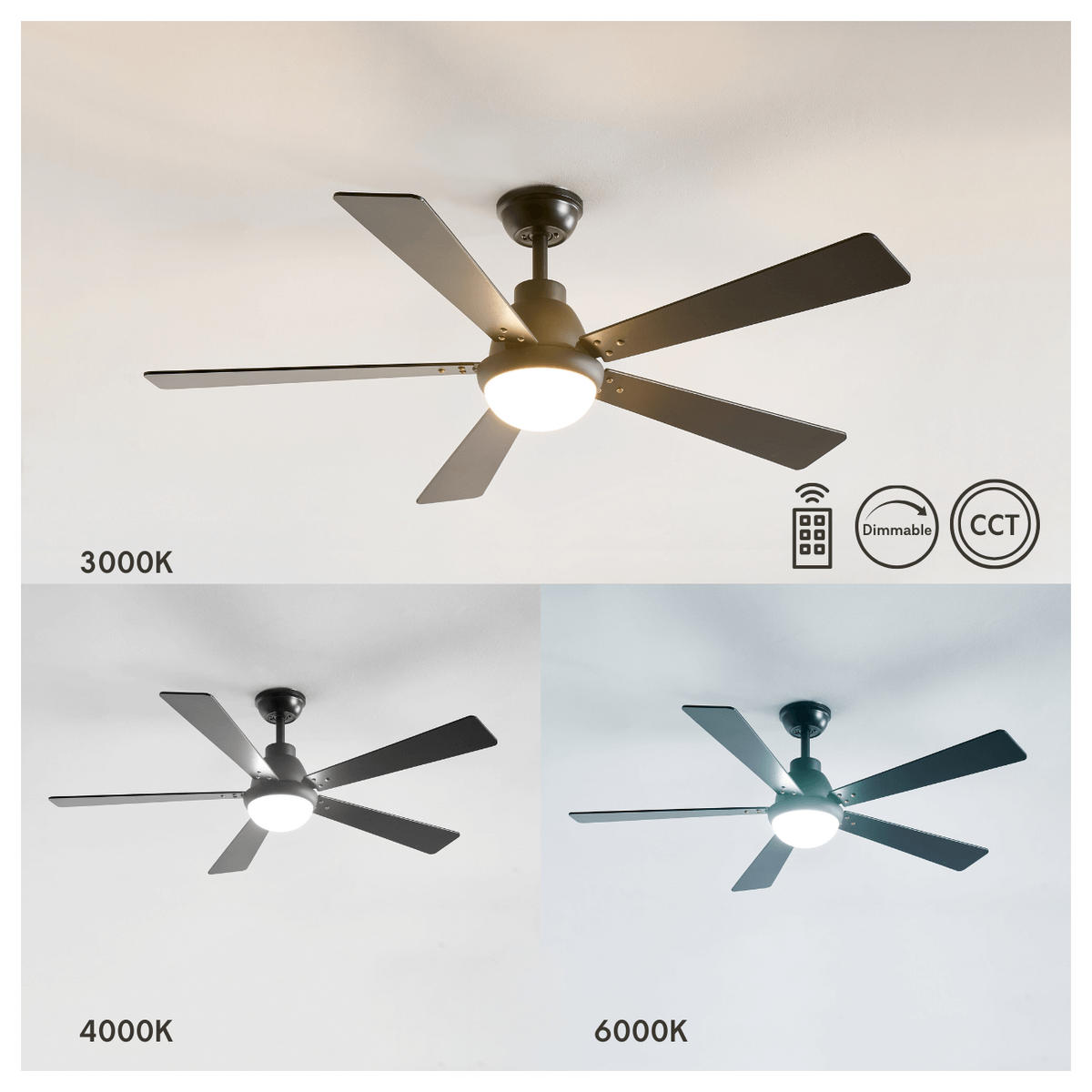 LED-DECKENVENTILATOR Cosmo, Schwarz, 132cm, Dimmbar - Schwarz, Glas (132/132/37cm) - KOSILUM