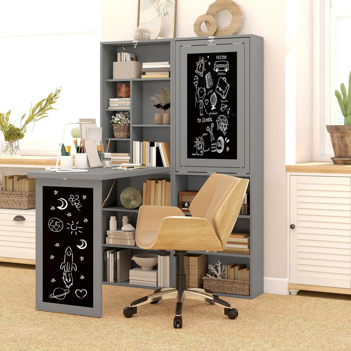 SCHREIBTISCH Holzoptik klappbar mit Regal und Tafel 98/51/153 cm - Grau, Holzwerkstoff (51/98/153cm) - PANGIVO