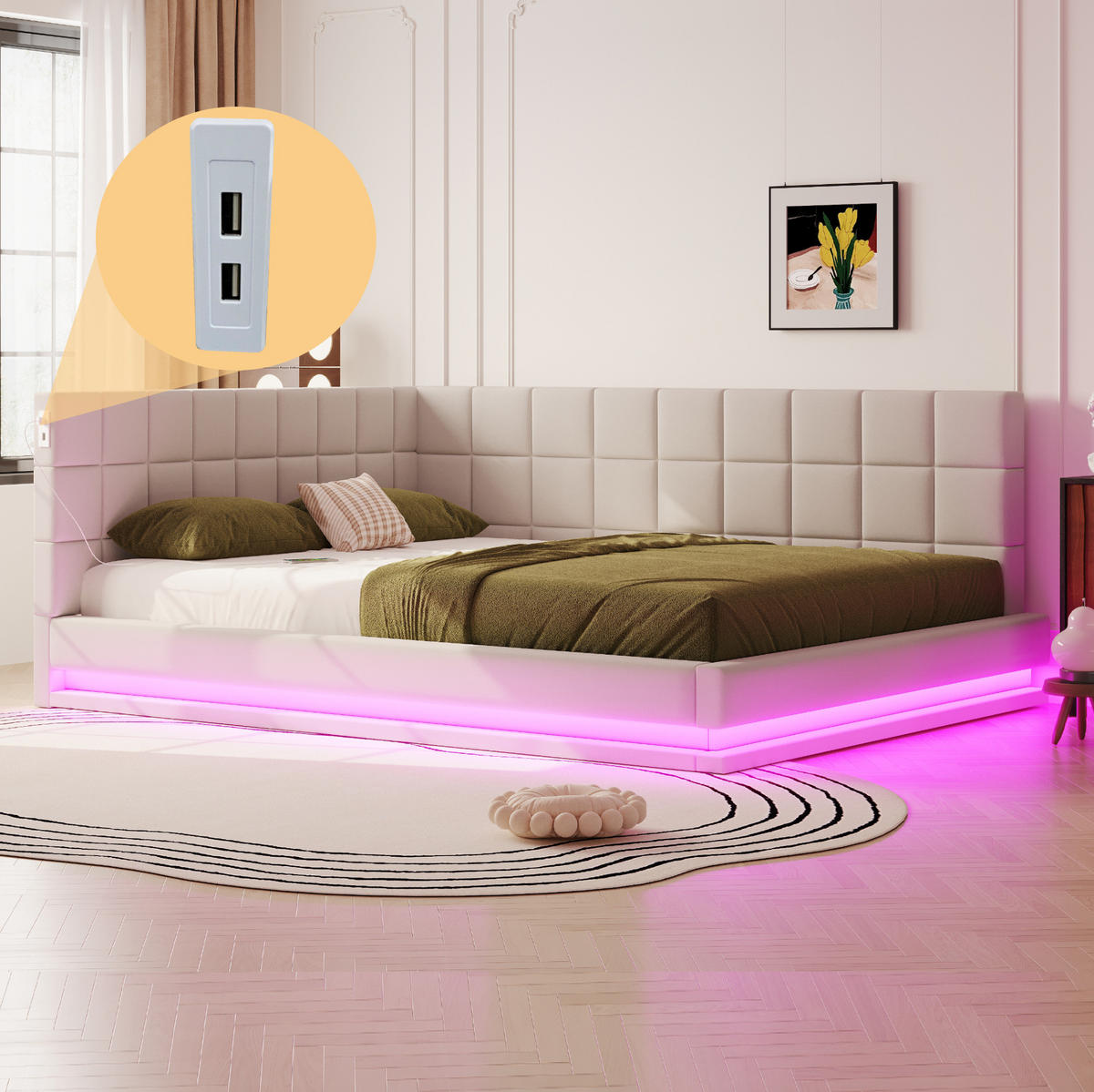 POLSTERBETT 160/200 cm Beige mit LED-Beleuchtung und USB-Anschluss - Beige, Textil (160/200cm) - Flora Grace