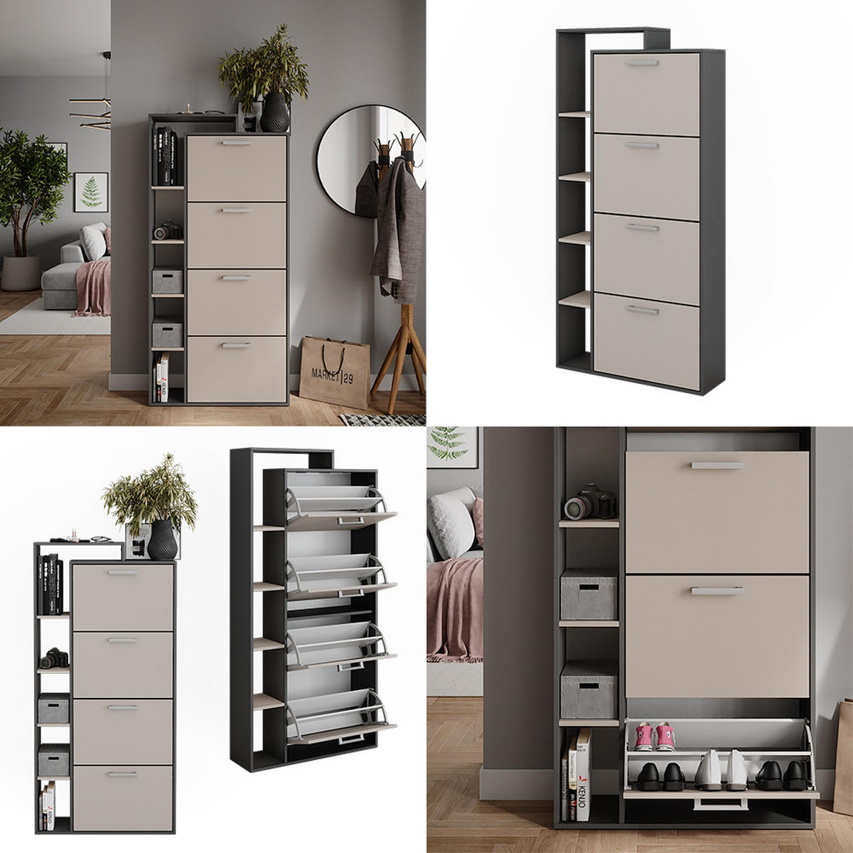SCHUHKIPPER Orlando Anthrazit/Greige 80 x 166.1 cm mit 4 Fächern - Greige/Anthrazit, Holzwerkstoff (80/166.1/24.2cm) - Vicco