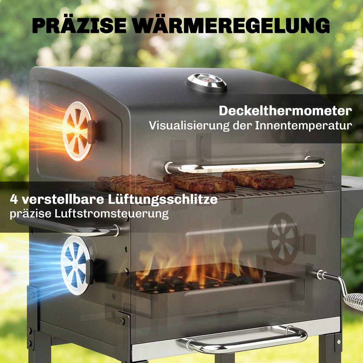 HOLZKOHLEGRILL DE-10244 kompakt mit Deckel und Thermometer Schwarz - Schwarz, Metall (59/94/75cm) - ComfortXL