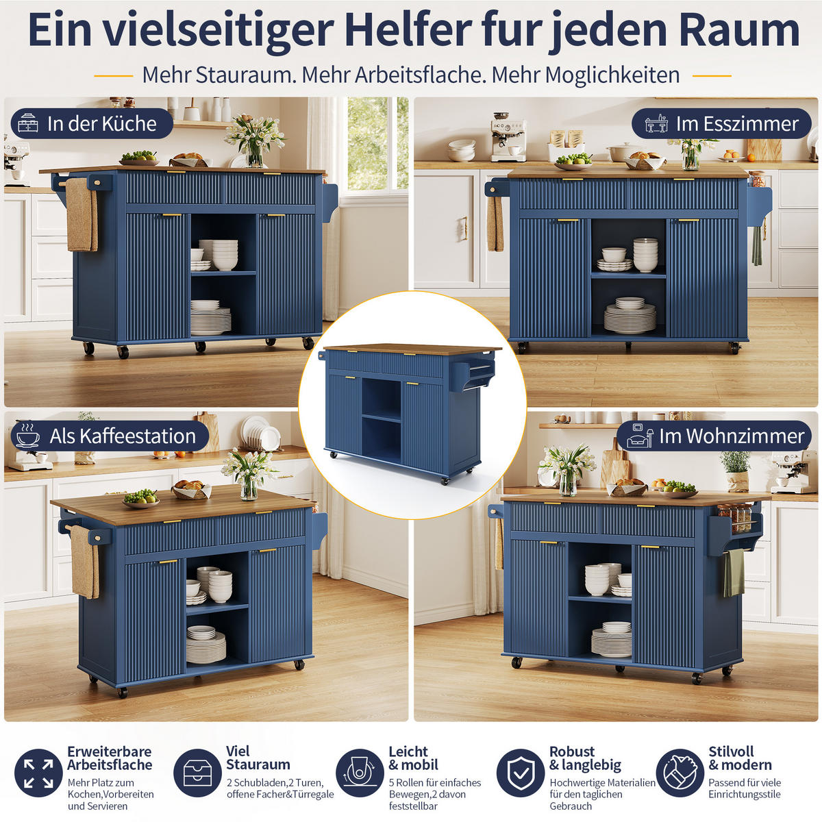 KÜCHENINSEL auf Rollen 143/45/89.5 cm Blau mit klappbarer Arbeitsplatte, 2 Schubladen und Stauraum - Blau, Holz/Holzwerkstoff (45/89.5/143cm) - Oxeza