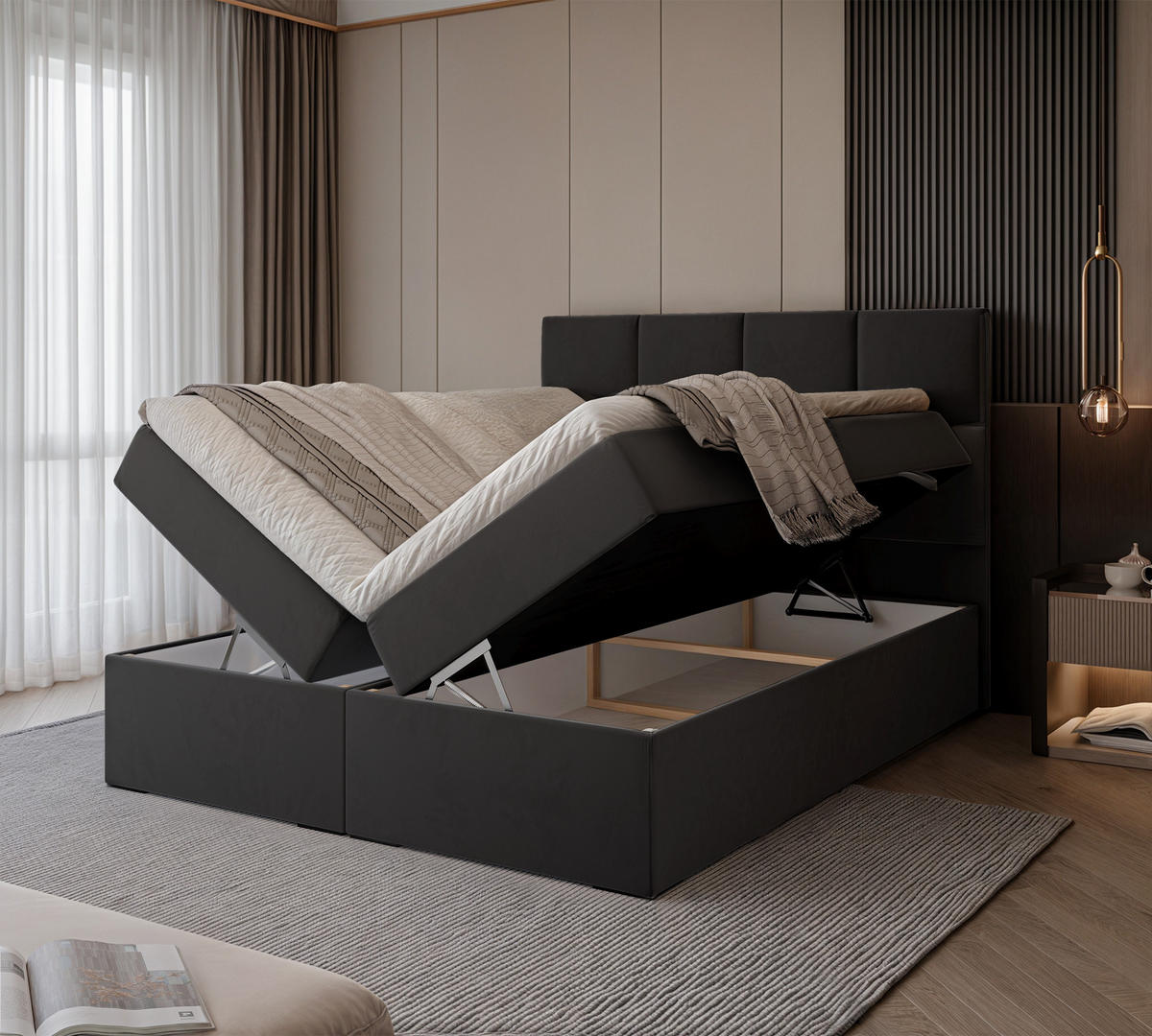BOXBETT 120x200 cm mit Topper - Schwarz, Textil (120/200cm) - Idohome