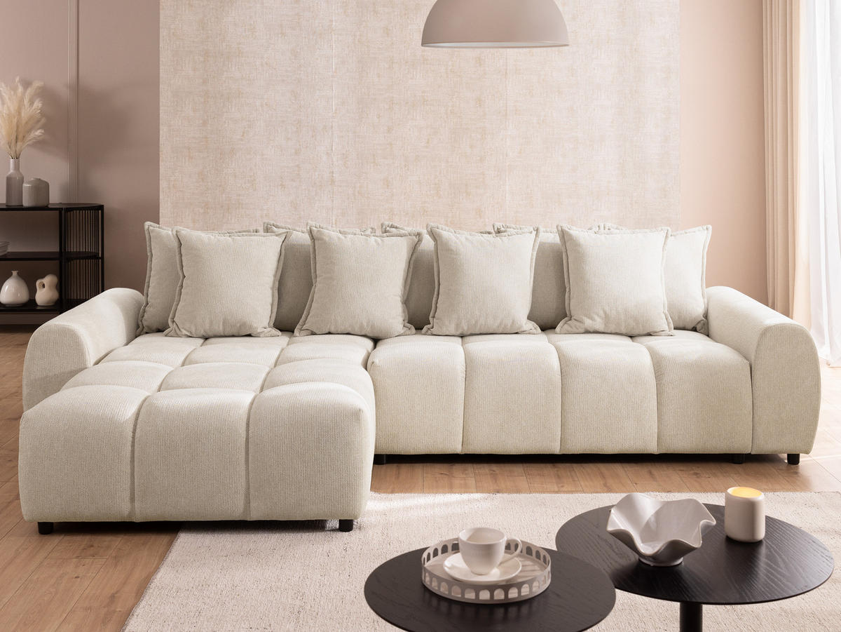 ECKSOFA Bubble mit losen Rückenkissen und Sitzfläche in Bubble-Optik aus weichem Hellbeige Strukturstoff mit schöner Sitzkomfort - Ottomane links - Beige/Schwarz, Holz/Kunststoff (180/306cm) - S-Style Möbel