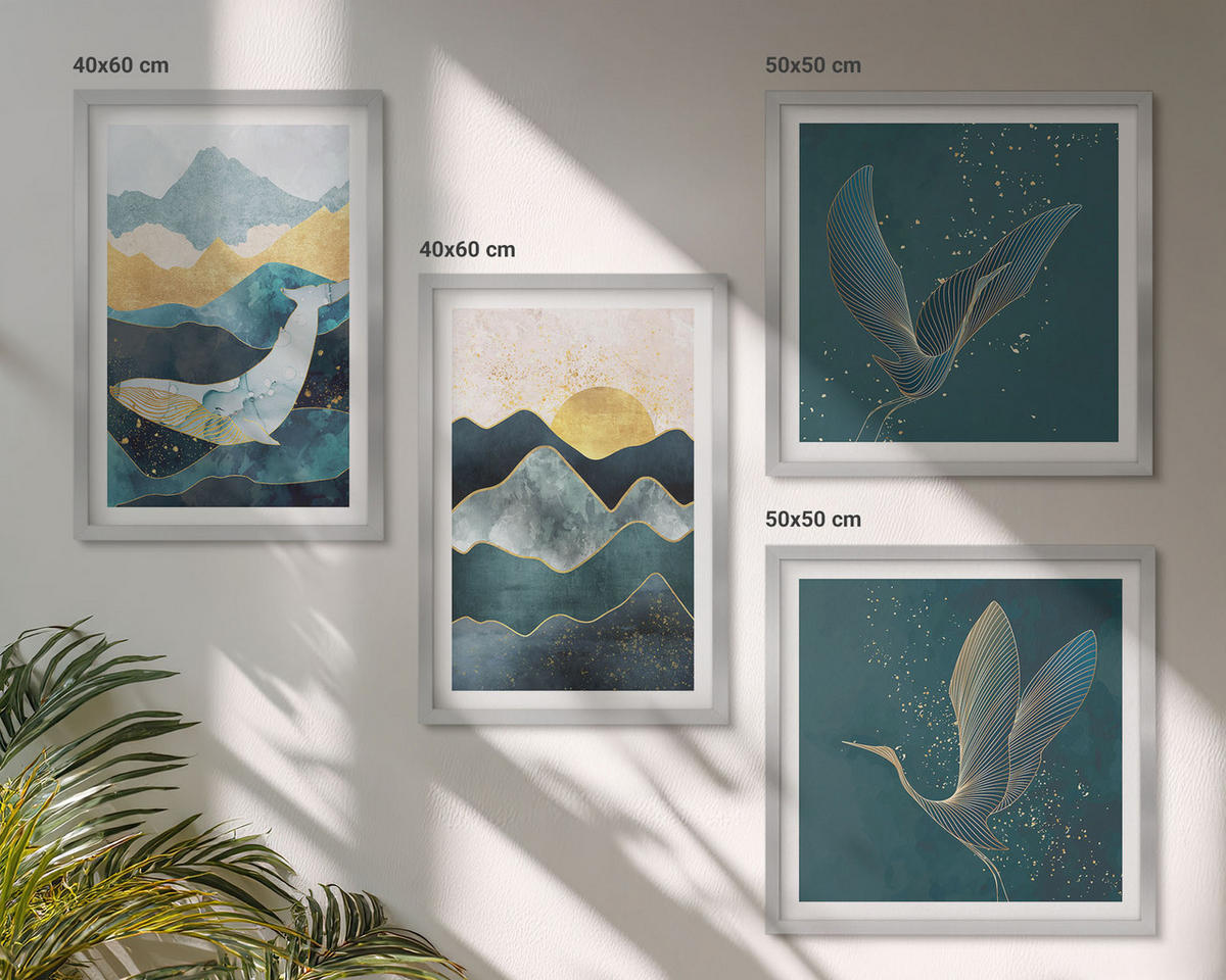 BILDER SET 4er Set - 50x50 cm & 40x60 cm Silberner Rahmen - Abstrakte Kranichberge - Silberfarben, Kunststoff (50/50cm) - TULUP