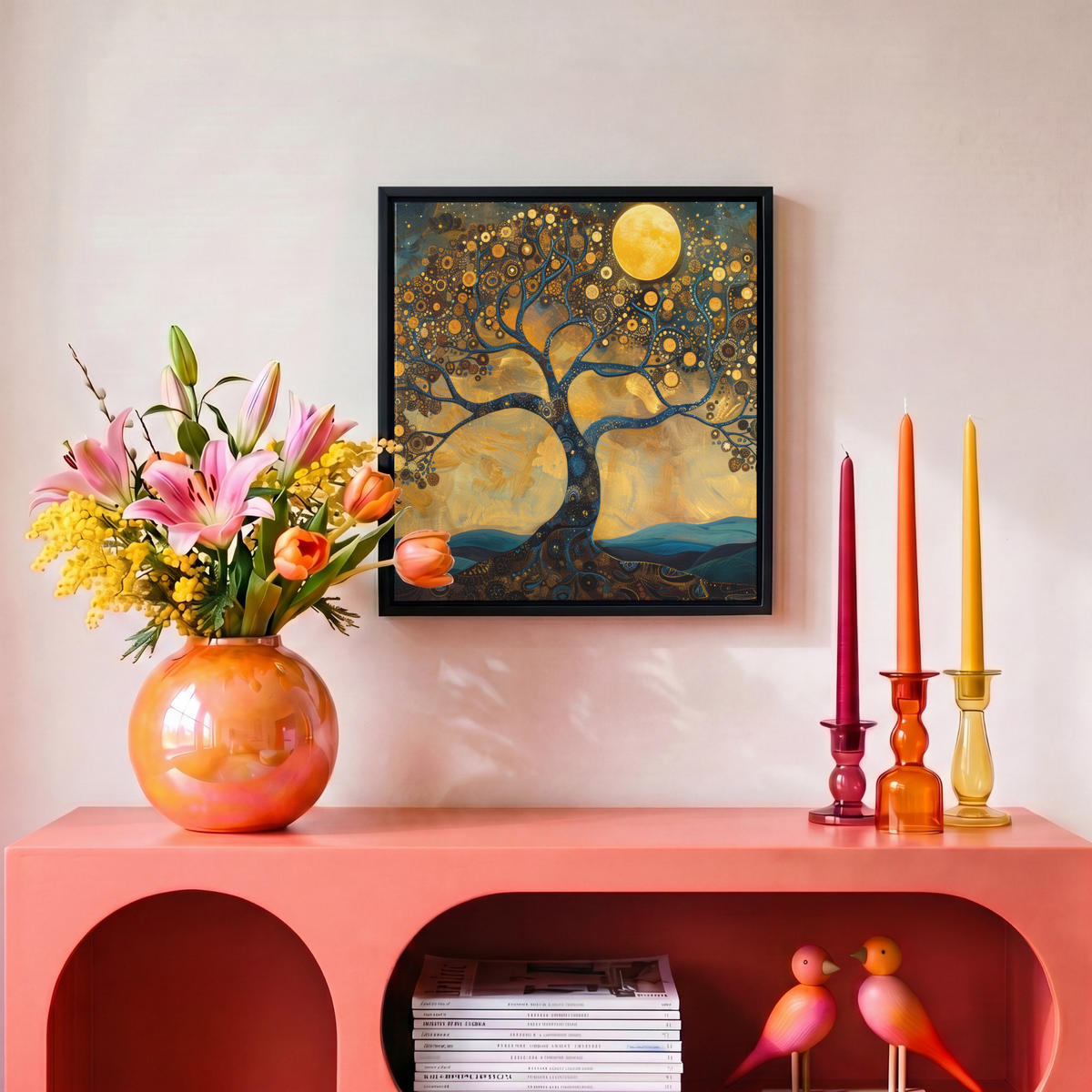 LEINWAND Bilder mit Rahmen - Baum - Mond - Blumen - Gold - Kunst - 20x20 - Orange, Textil (20/20cm) - MuchoWow