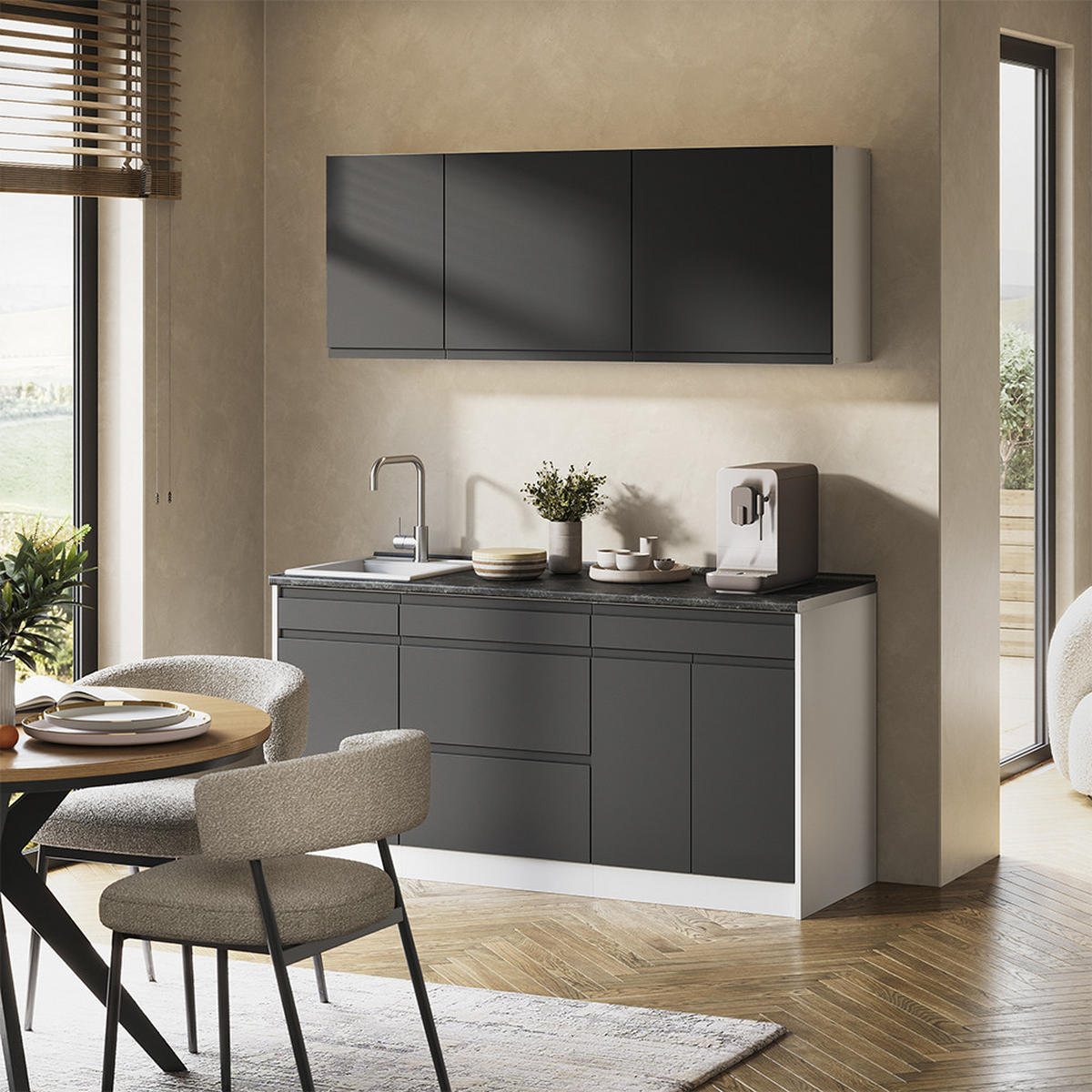 SINGLEKÜCHE R-Line, Anthrazit/Weiß, 160 cm Arbeitsplatte Satin - Anthrazit/Weiß, Holzwerkstoff (160/81.6/60cm) - Vicco