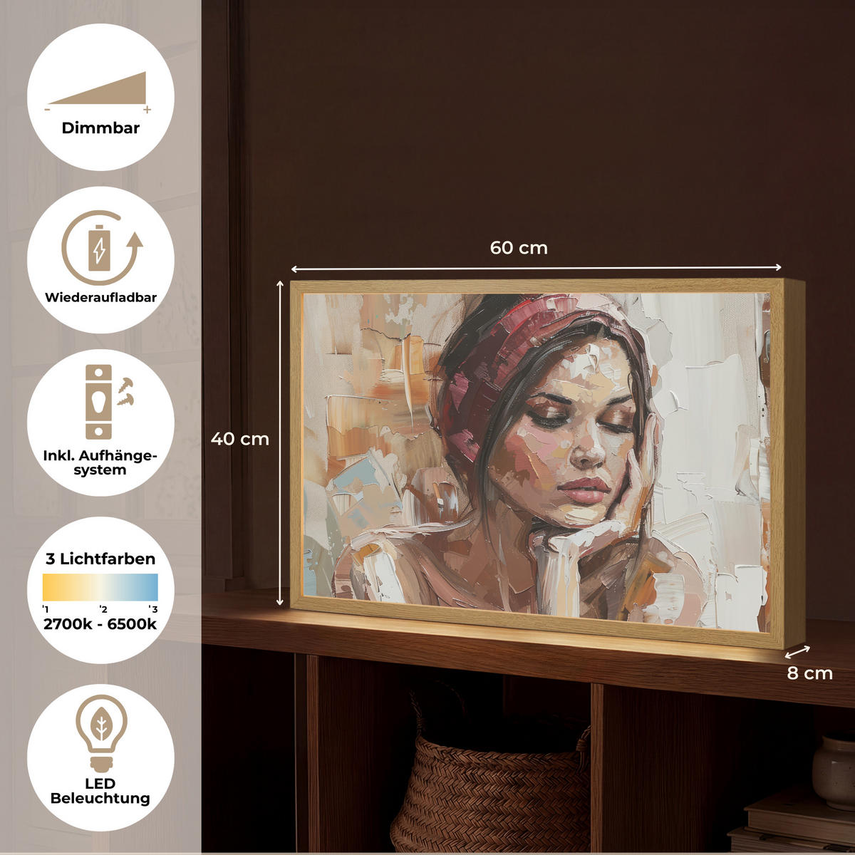 NÁSTĚNNÁ LAMPA S AKUMULÁTOREM Žena - vzhled malby - portrét - moderní 60x40 cm - hnědá, kompozitní dřevo (60/40/8cm) - OnlyWow