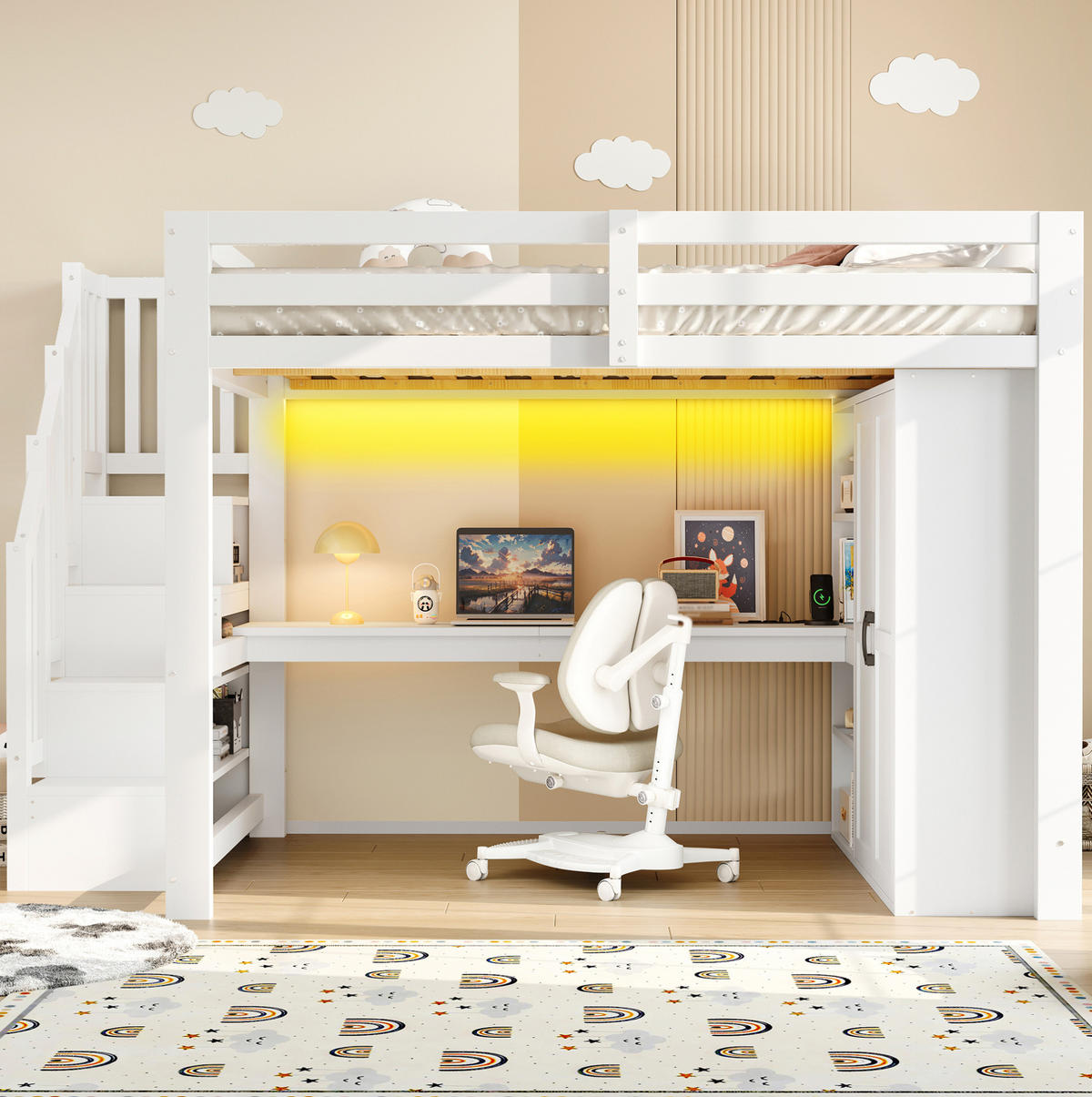 HOCHBETT aus Kiefernholz 140x200 cm Weiß mit Schreibtisch, Kleiderschrank, Stauraumtreppe, LED und USB - Weiß, Holzwerkstoff (140/200cm) - IVMEU
