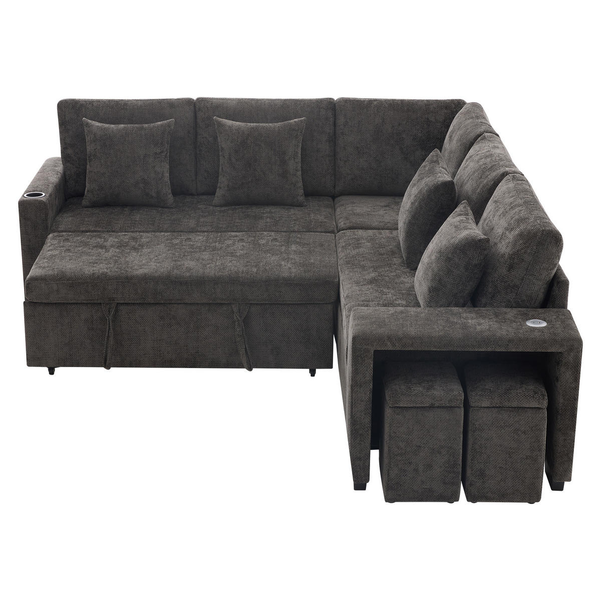 5-SITZER ECKSOFA Chenille Grau mit Schlaffunktion, Stauraum, USB und USB-C, mit Hocker - Grau, Holzwerkstoff/Kunststoff (213/184cm) - WISHDOR