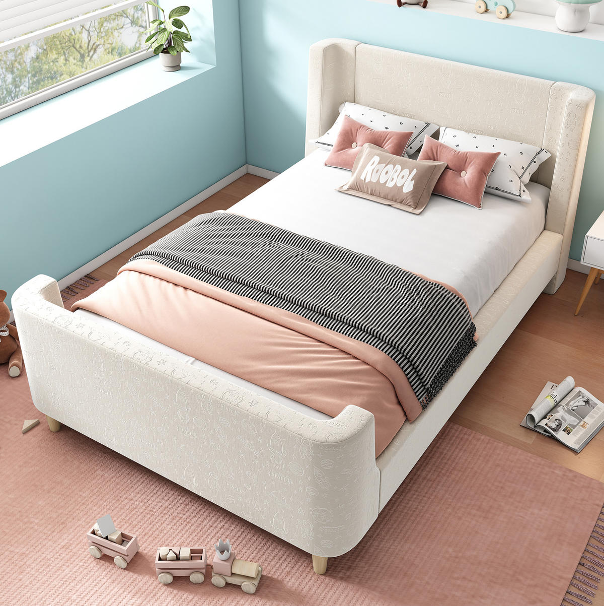 KINDERBETT 90/200 cm Beige aus Samt mit Weltraummuster - Beige, Textil (90/200cm) - OKMYHOME