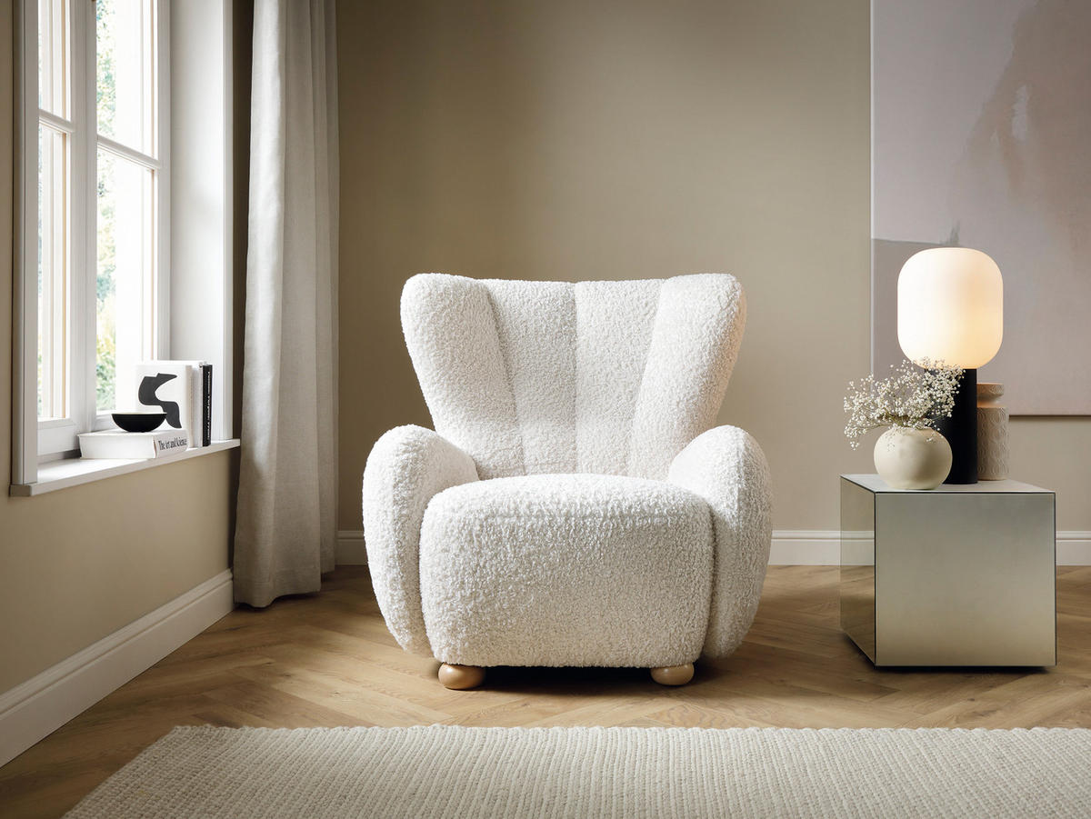 SESSEL MIST, Polstersessel Klassisch Loungesessel, Bucle-Stoff Weiß - Weiß, Holz/Holzwerkstoff (88/91/100cm) - MASSENO