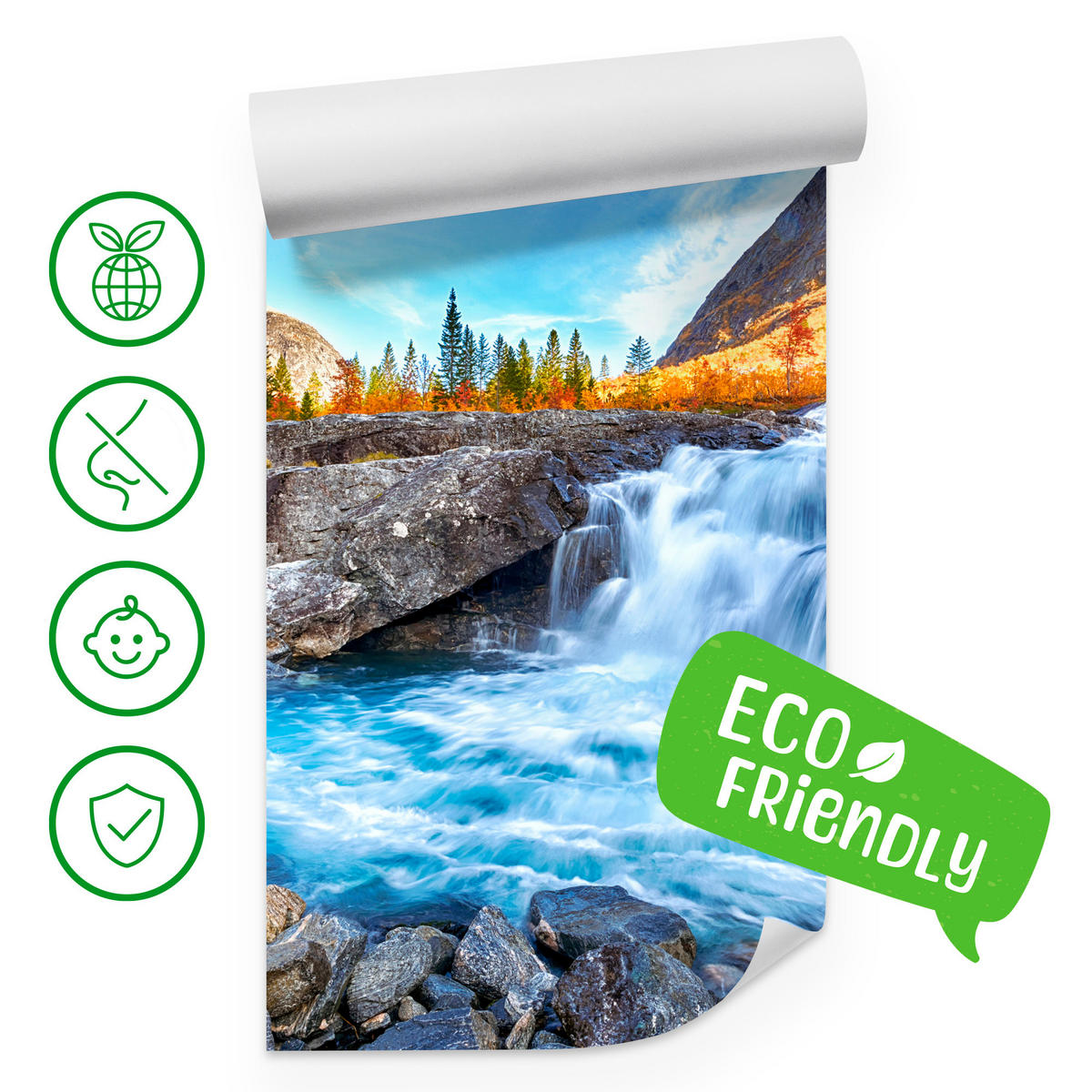 FOTOTAPETE Wasserfall Berge Wald Felsen 3D 300x210 - Blau/Gelb, Papier (300/210cm) - Muralo