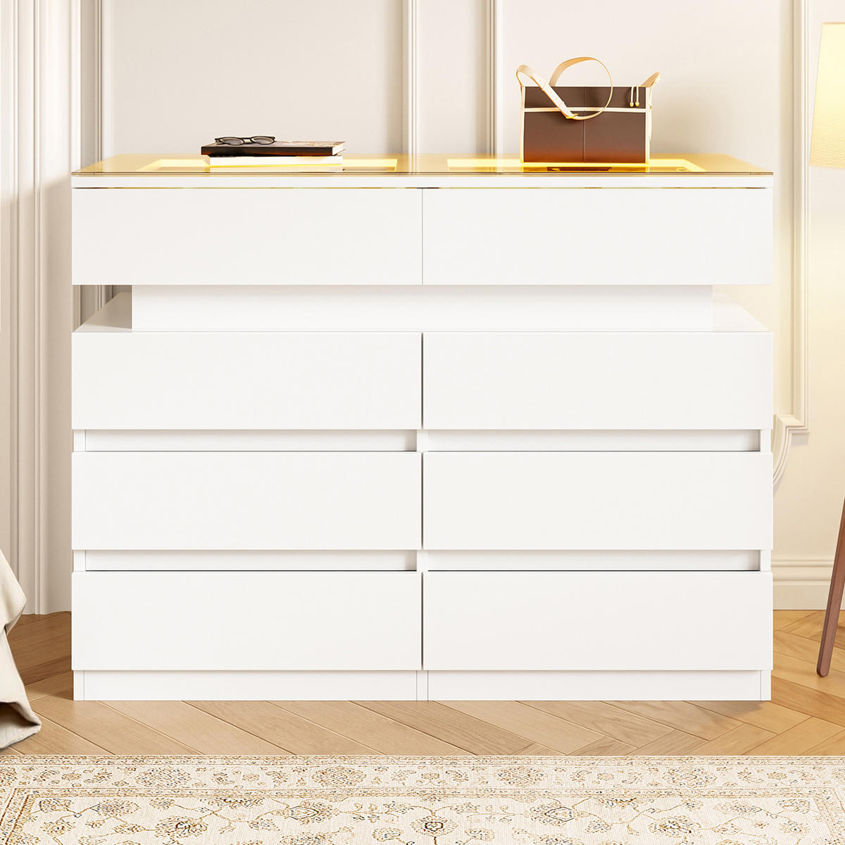 SIDEBOARD LED Glas 8 Schubladen Unterteilung Weiß 100cm Modern - Weiß, Glas (100/76/45cm) - FLIEKS