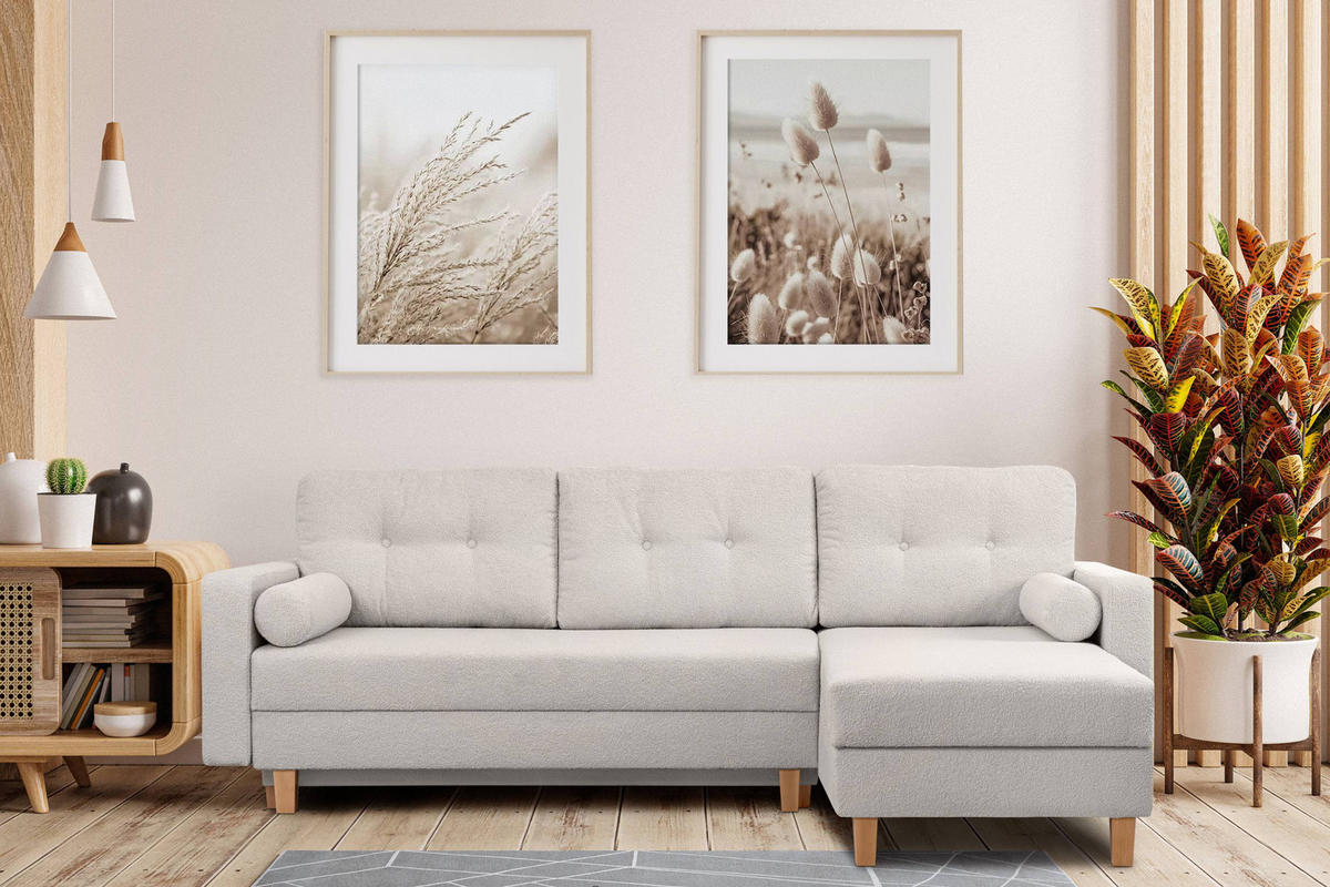 ECKSCHLAFSOFA ERISO 3/4 Sitzer und Universalecke mit Ottoman, Bouclé-Stoff, weiß - Braun/Weiß, Textil (240/183cm) - KONSIMO®