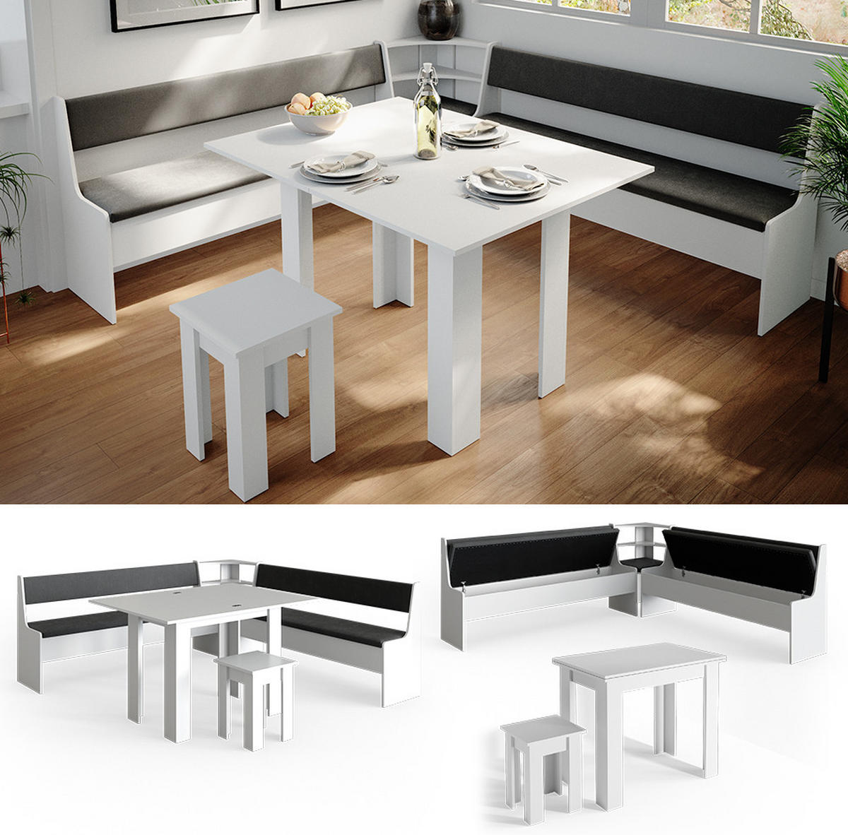 ECKBANKGRUPPE Roman Weiß 210 x 41.5 cm mit Tisch - Anthrazit/Weiß, Holzwerkstoff (210/80/210cm) - Vicco