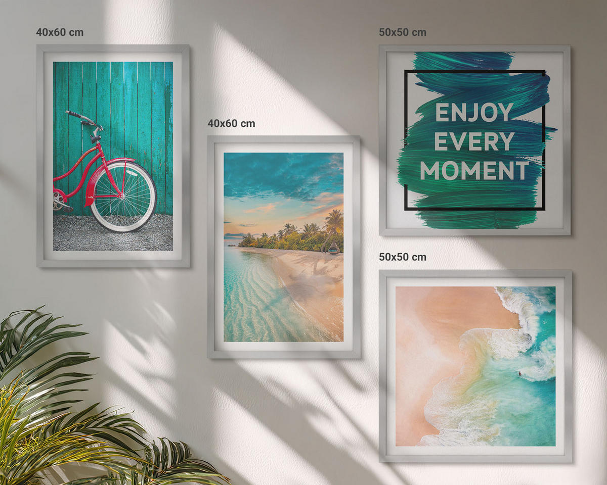 WANDBILDER 4er Set - 50x50 cm & 40x60 cm Silberner Rahmen - Inspiration für ein Fahrrad mit Seeboot - Silberfarben, Kunststoff (50/50cm) - ArtPrintCave