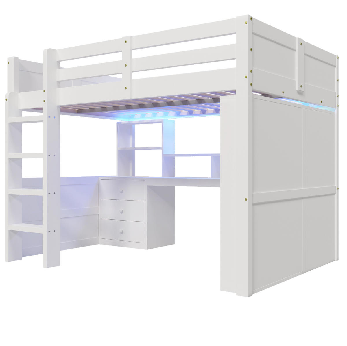 HOCHBETT 140/200 cm aus Kiefer mit LED-Beleuchtung Schreibtisch und Stauraum Weiß - Weiß, Holzwerkstoff (140/200cm) - Modenvie