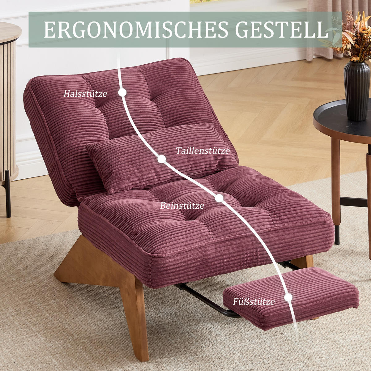 SCHAUKELSTUHL Rotwein Cord mit Fußstütze, Lendenkissen und Holzbeinen - Weinrot, Textil (73/90/127cm) - Oxeza