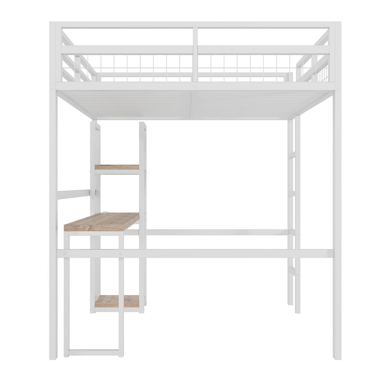 HOCHBETT 140/200 cm Weiß mit Schreibtisch, Regalen und USB- und Type-C-Anschlüssen - Weiß, Metall (140/200cm) - Flora Grace