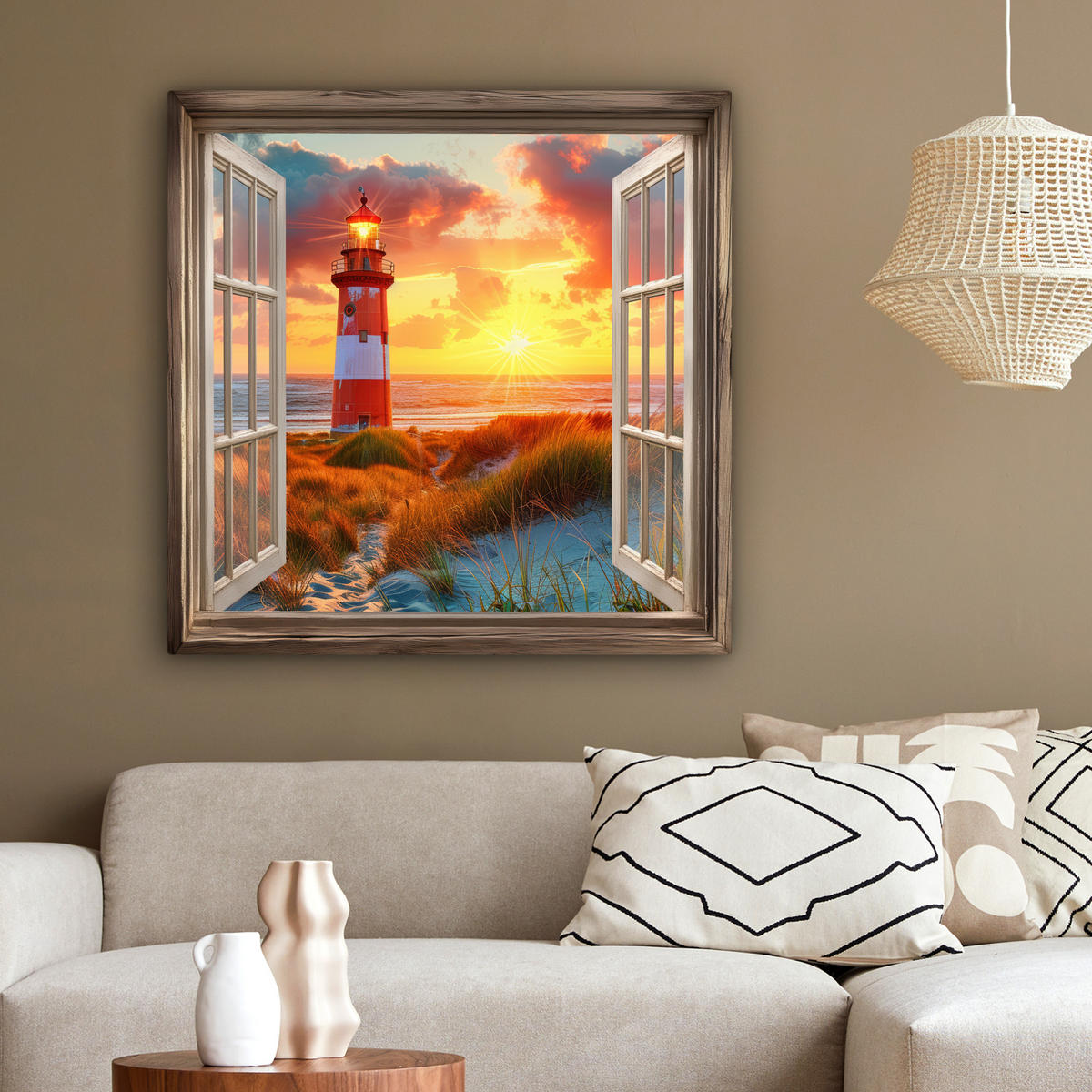 LEINWANDBILD Aussicht - Fenster - Leuchtturm - Sonnenuntergang - Strand 90x90 cm - Dunkelorange, Textil (90/90cm) - MuchoWow