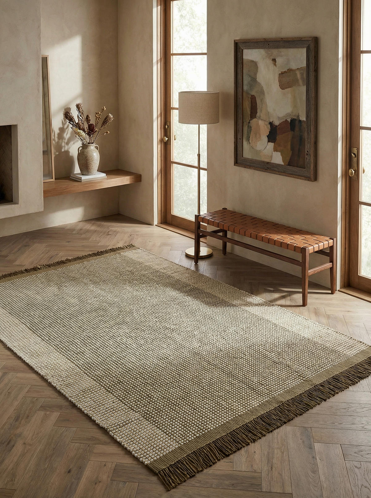 TEPPICH Wolle handgewebt mit Korbmuster Fransen PISA, Olivgrün 200x290 cm - Beige, Textil (200/290cm) - KADIMA DESIGN