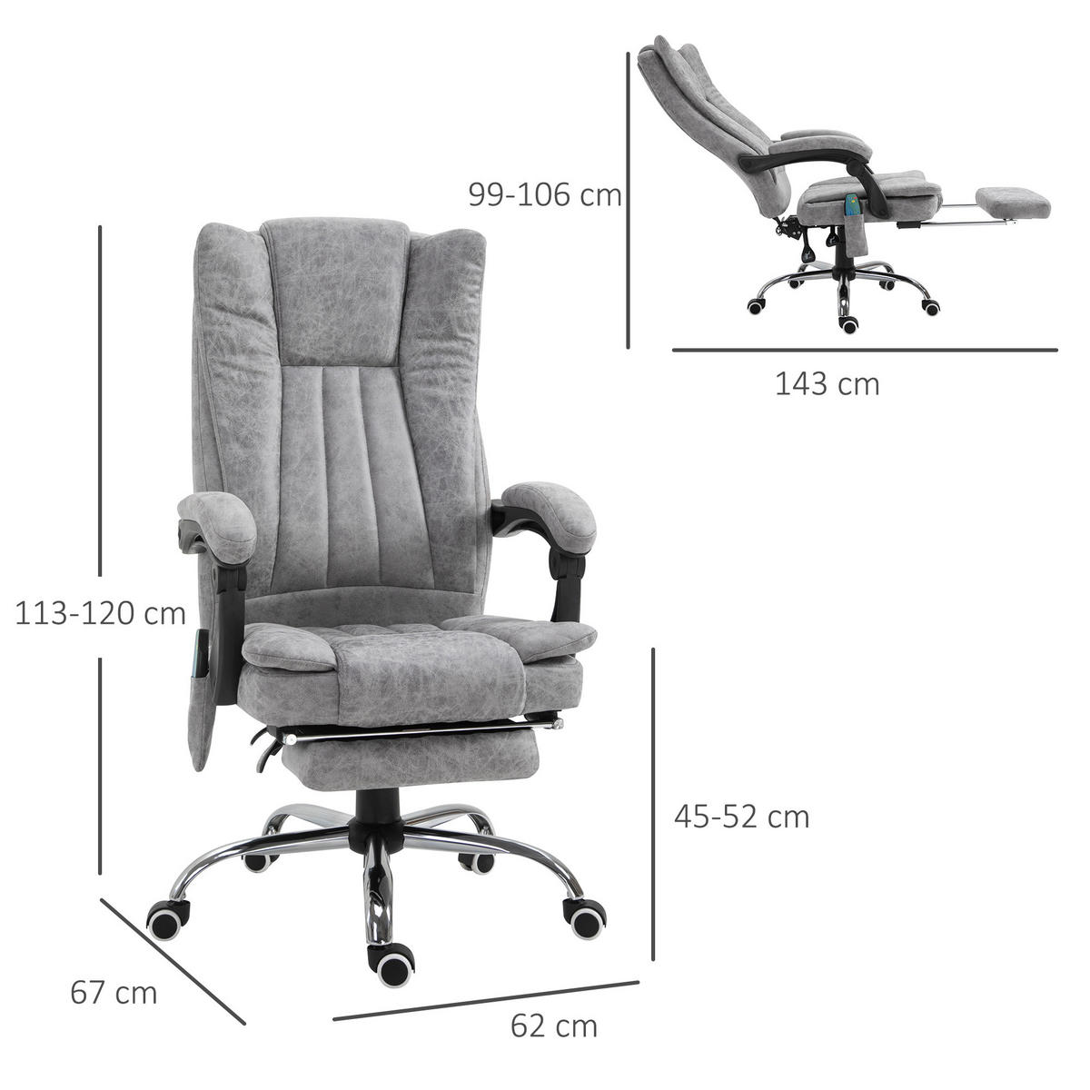 BÜROSTUHL Massagesessel Heizfunktion Liegefunktion Fußstütze Grau - Grau, Textil (67/113/62cm) - Vinsetto