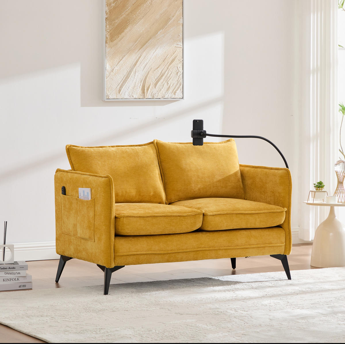 2-SITZER Sofa Chenille mit Handyhalterung und Ablagefächern 127/69/66 cm Gelb - Gelb, Textil (66/127/69cm) - Redom
