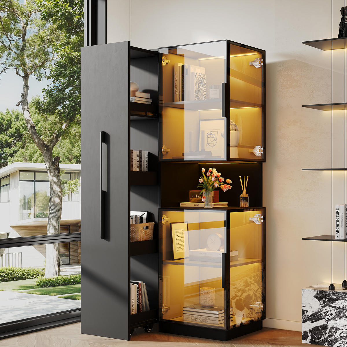 VITRINE LED Glasvitrine Ausziehregal Hochschrank 160cm Weiß - Schwarz, Glas (70/160/38cm) - FLIEKS