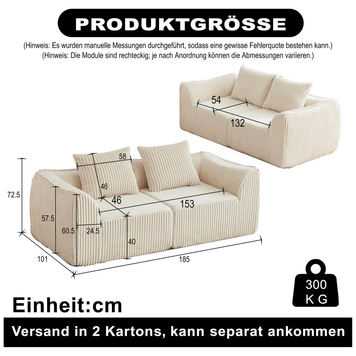 2-SITZER SOFA Cord Minimalistisch & Modular - Beige, Textil (185/72.5/101cm) - Urban Meuble
