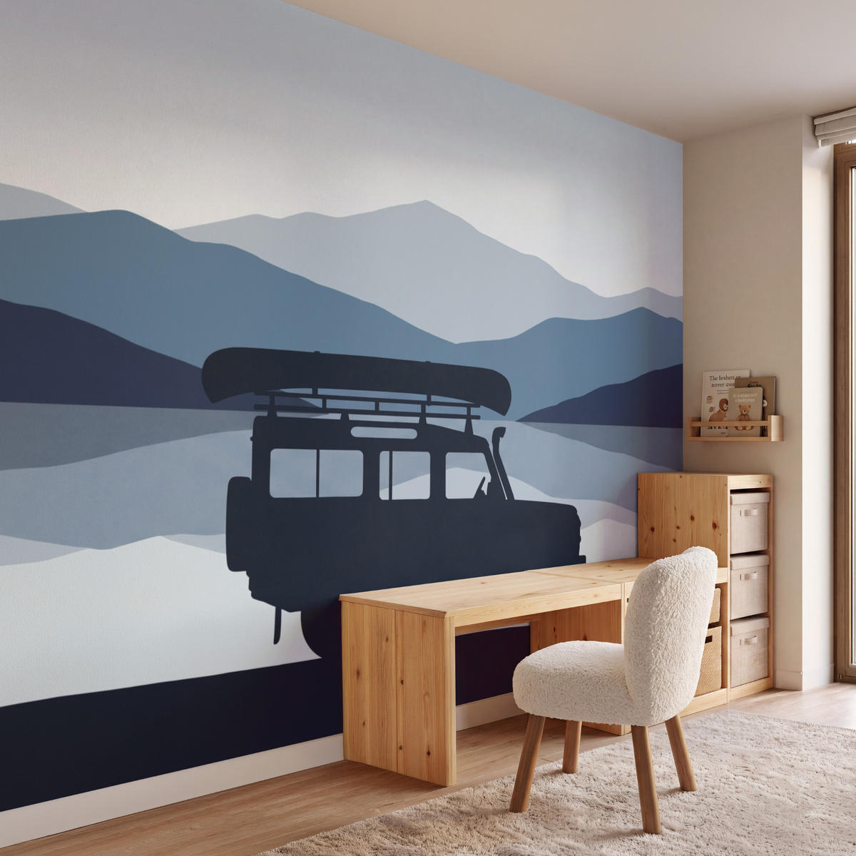 KINDERTAPETE - Auto - See - Berge - Blau - 280x200 cm - Blaugrau, Papier (280/200cm) - OnlyWow