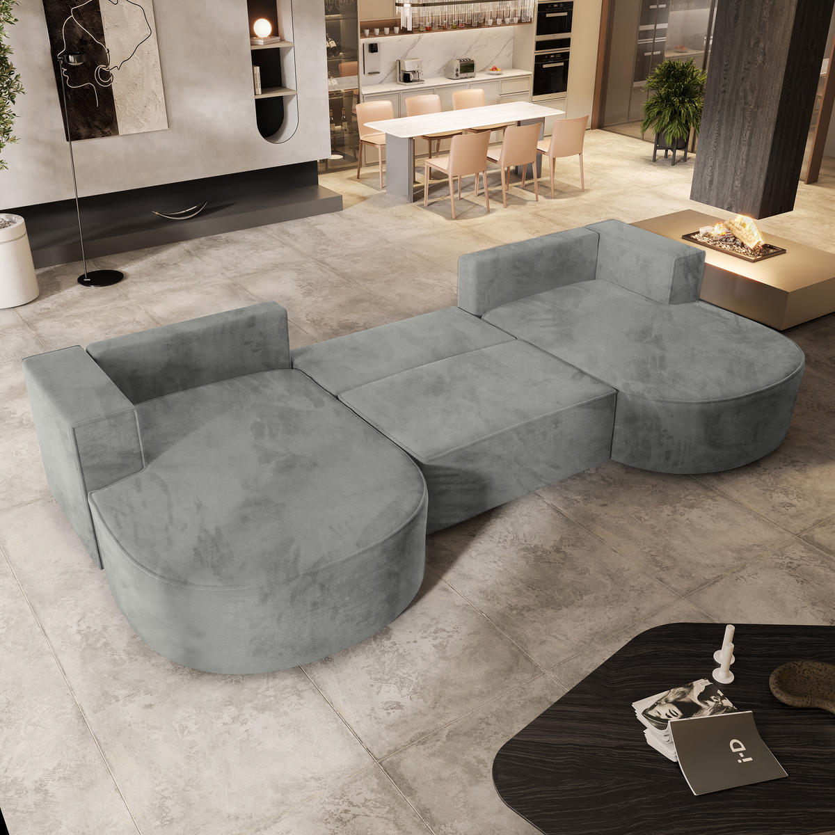 WOHNLANDSCHAFT VEZZO M Hellgrau Velours-Stoff mit Schlaffunktion - Hellgrau, Holz (347/85/174cm) - MASSENO