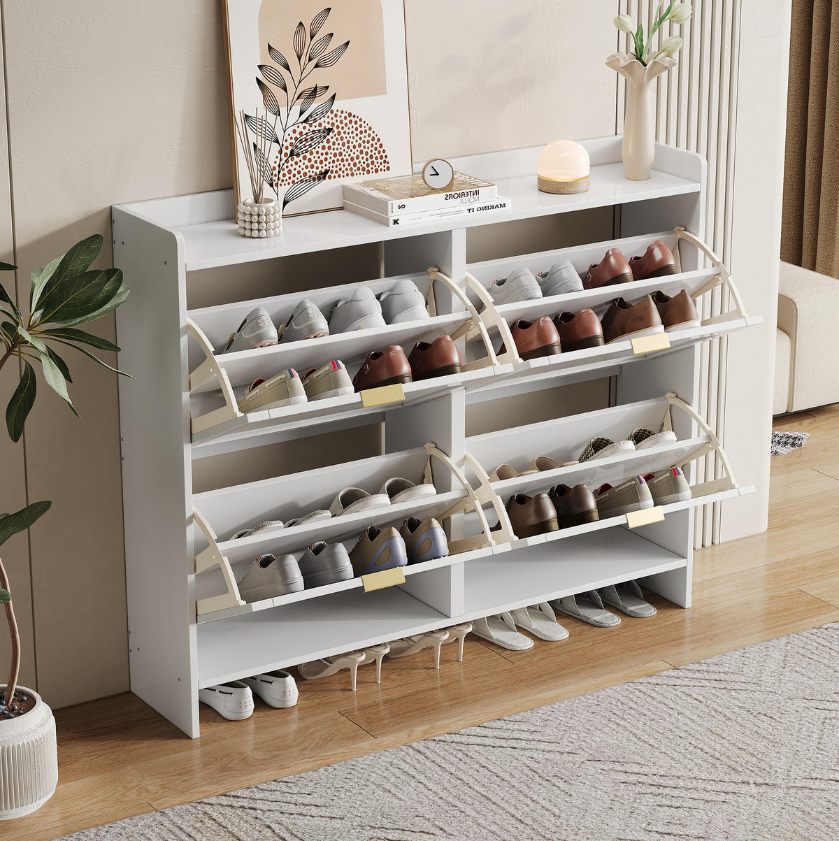SCHUHSCHRANK 110/90/24 cm Weiß aus Spanplatte mit 4 Klappenfächern - Weiß, Holzwerkstoff (110/90/24cm) - OKMYHOME