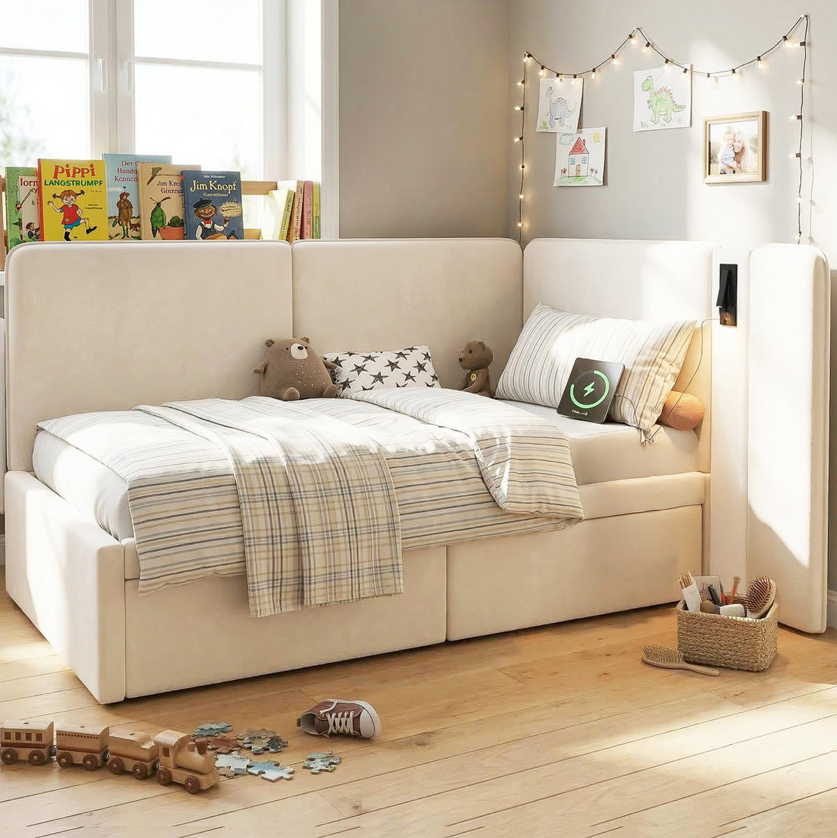 KINDERBETT Polsterbett 90/200 cm aus Samt mit USB-/Typ-C-Anschluss, Leselampe und 2 Schubladen Beige - Beige, Textil (90/200cm) - Modenvie