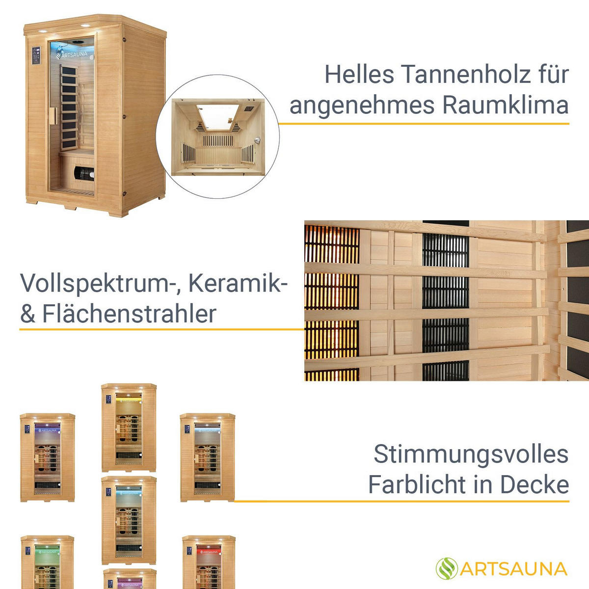 INFRAROTKABINE Oslo mit Triplex-Heizsystem & Hemlockholz - Naturfarben, Holz (120/190/100cm) - Artsauna